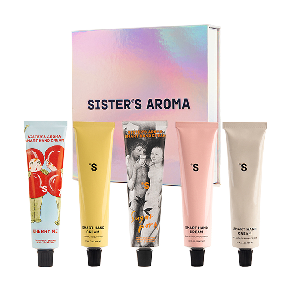 Подарунковий набір Sister's Aroma Улюблені креми для рук (Sugar Porn, 30 мл + Cherry Me, 30 мл + Маракуя, 30 мл + Морська сіль, 30 мл + Ветивер, 30 мл + коробка)